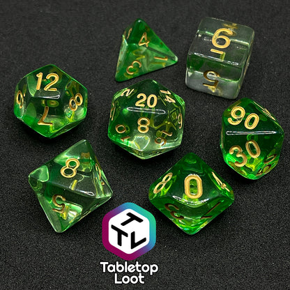 The Aura of the Traveler 7 piece dice set from Tabletop Loot with swirls of lime green in clear dice with gold numbering.