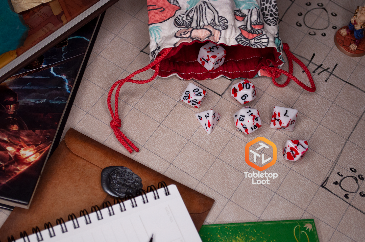 The Tavern Brawl 7 piece dice set from Tabletop Loot with red fake blood on white dice with black numbering.