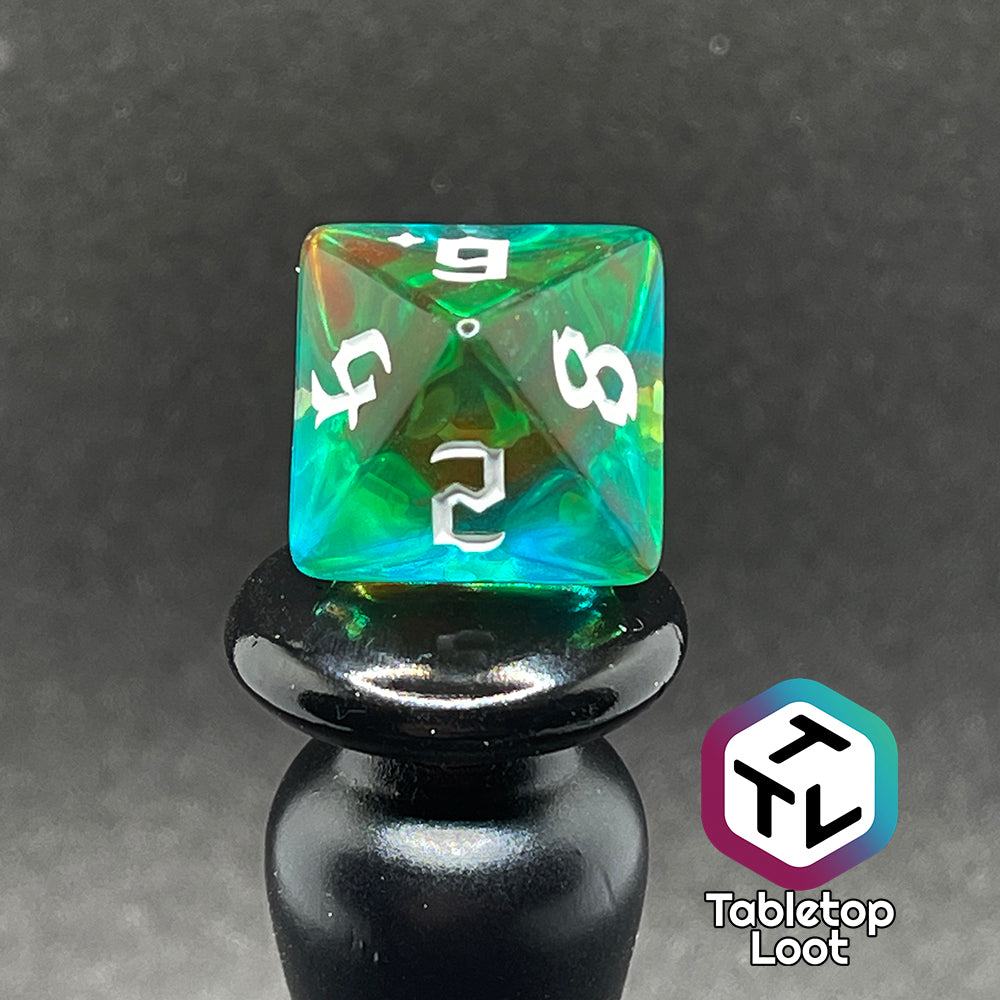 A d8 sits on a pedestal.