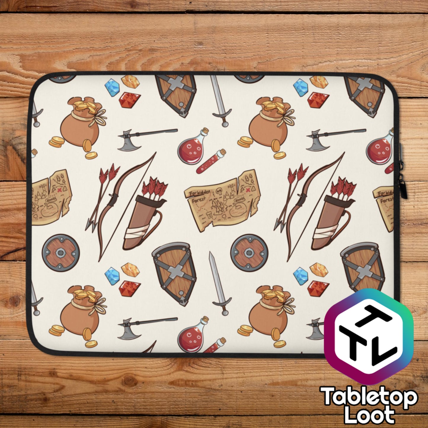 The 15 inch Adventuring sleeve from Tabletop Loot with illustrated adventuring gear including maps, bow, arrow, and quiver sets, shields, swords, potions, gems, and bags of gold on a cream background.