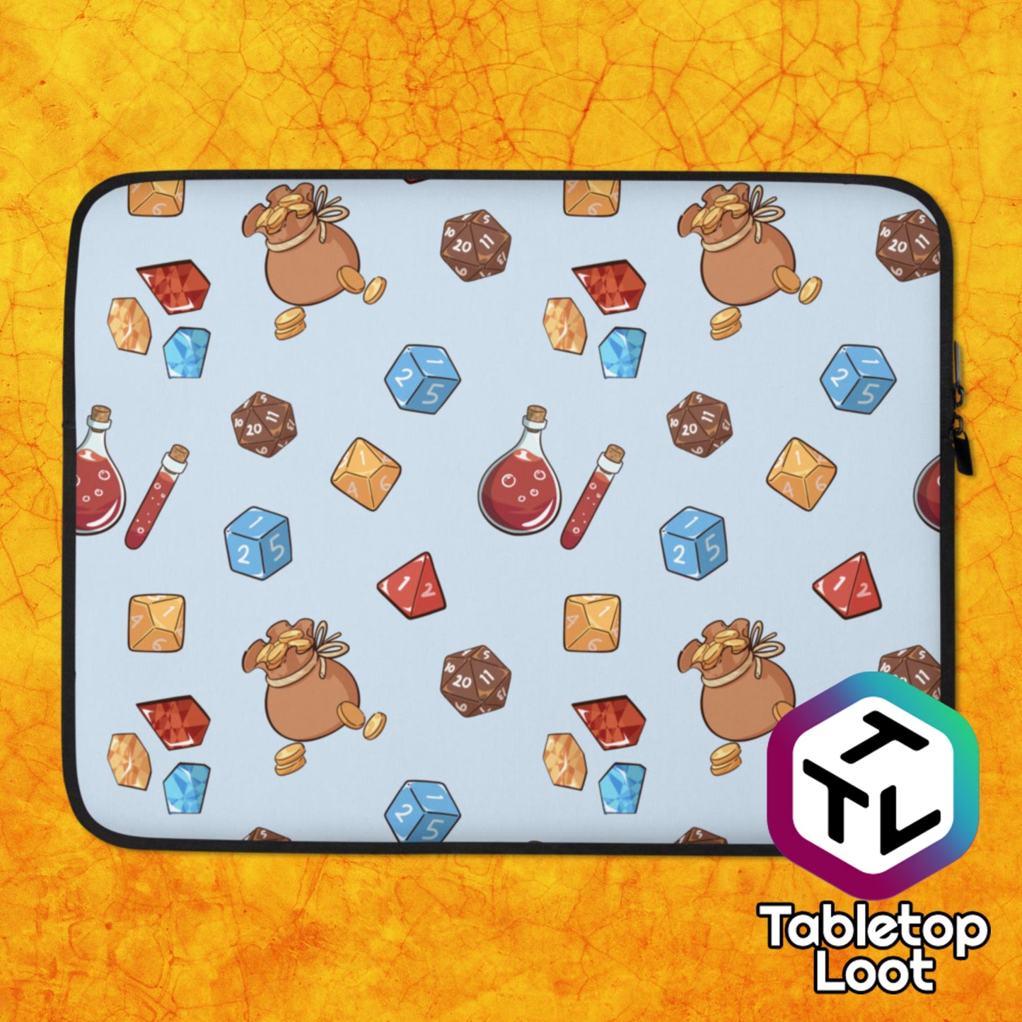 The 13 inch Loot sleeve from Tabletop Loot with a pattern of polyhedral dice, potion bottles, gems, and bags of cold on a light blue background.