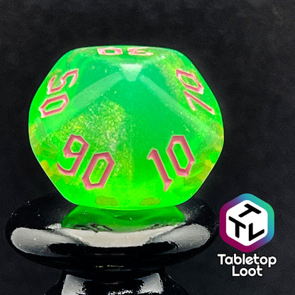 A close up of the percentile die from the Sour Apple 7 piece dice set from Tabletop Loot; shimmery green dice with pink gothic numbering.