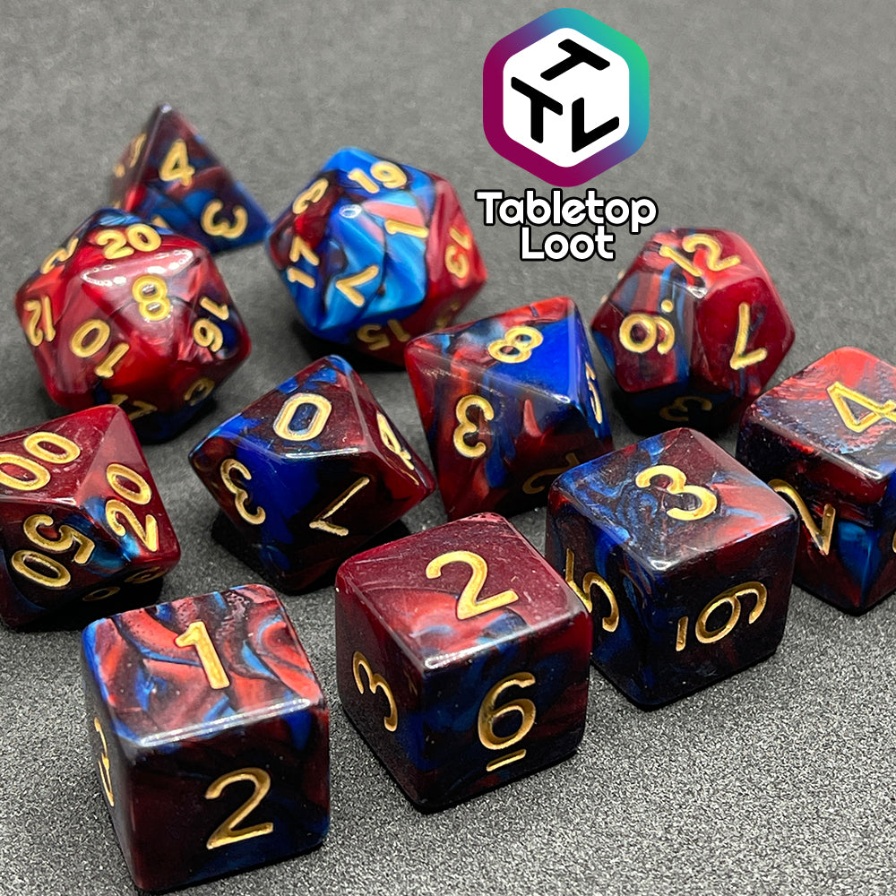 A close up of the Metropolis 11 piece dice set from Tabletop Loot with swirls of red and blue and gold numbering.