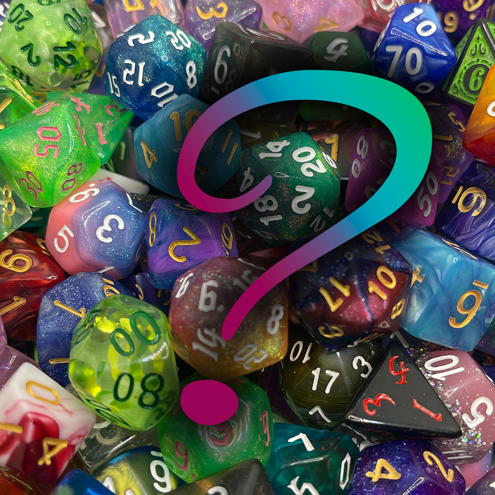 A jumble of polyhedral dice has a question mark over it.