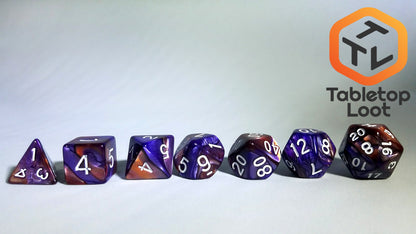 The Cloud Nebula 7 piece dice set from Tabletop Loot with swirls of purple and bronze resin and white numbering.