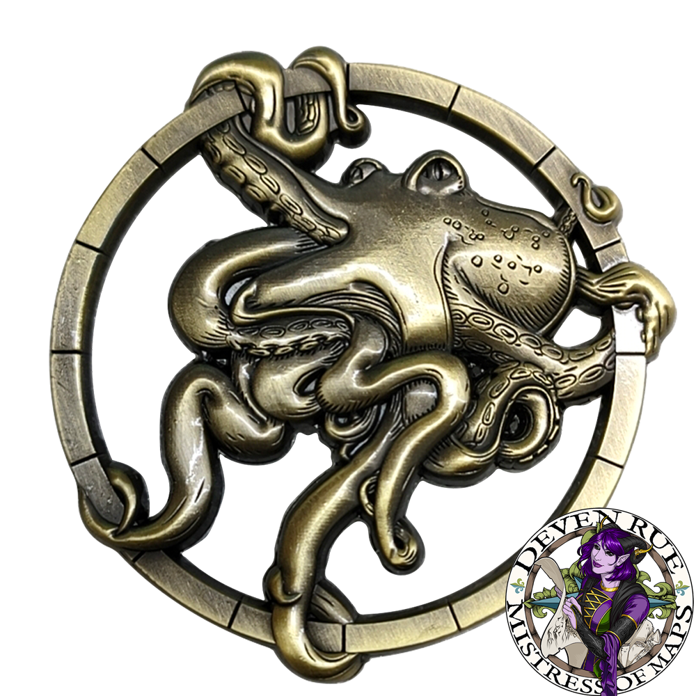 One side of the Octopus token preview by Deven Rue with the details of the image carved into raised surfaces.