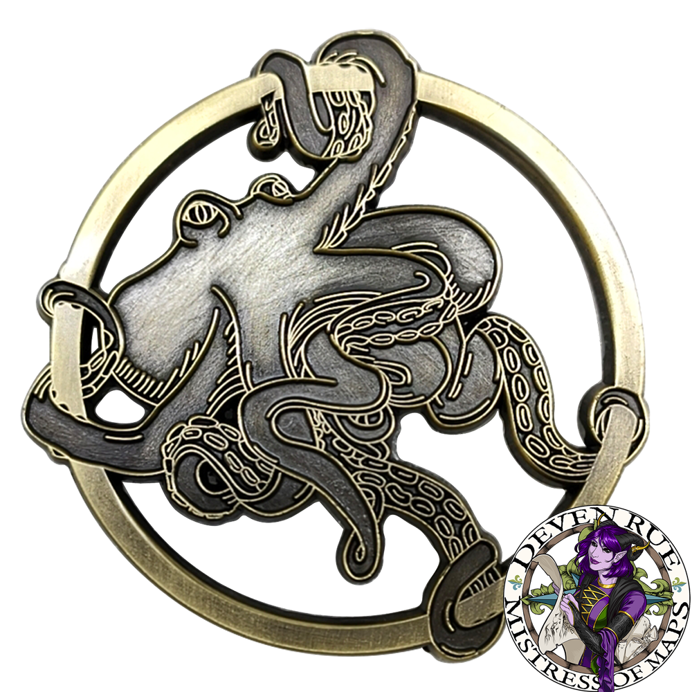 The other side of the Octopus token preview by Deven Rue with the details of the image raised on a smooth even surface.