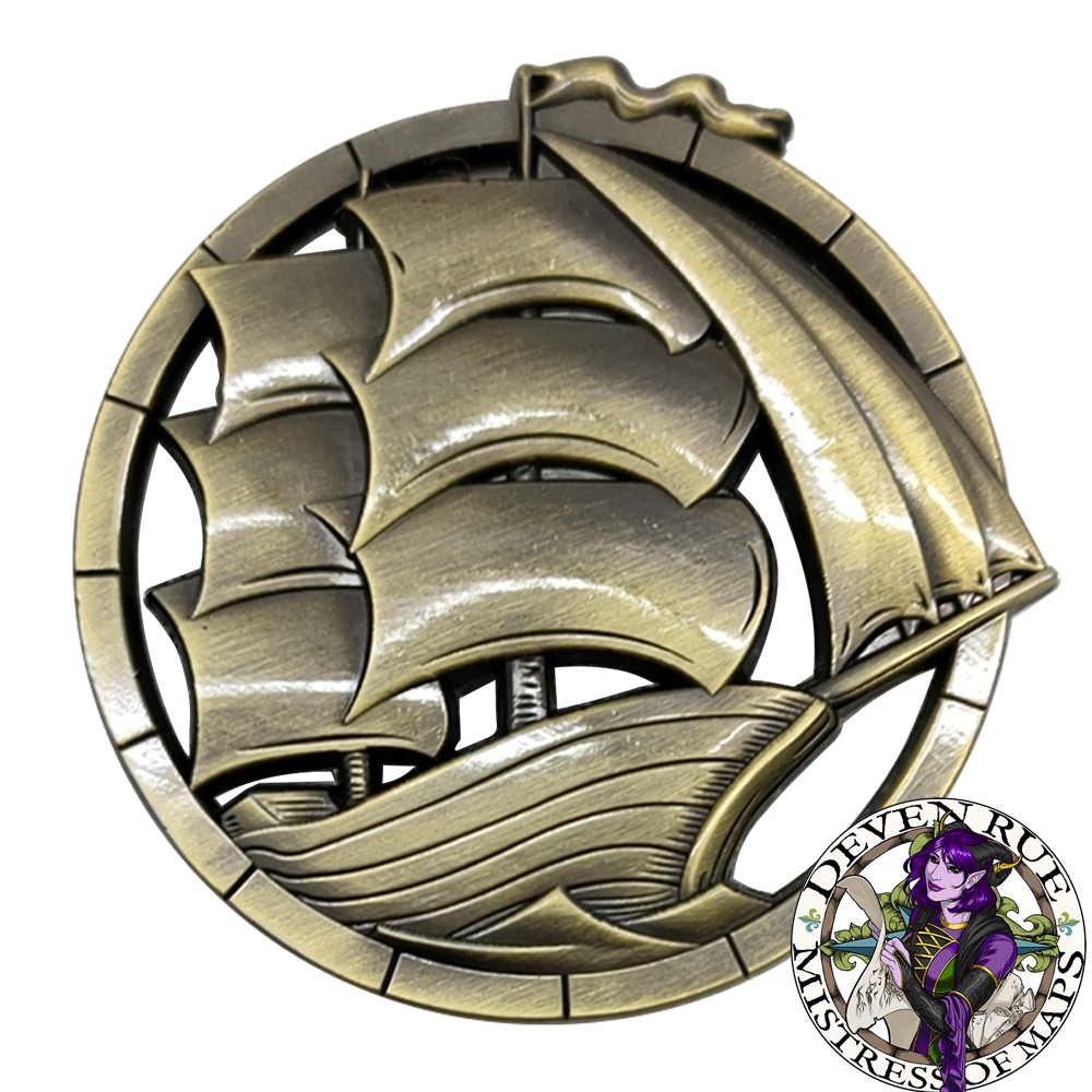 A close up of the ship token design by Deven Rue for Campaign Coins.