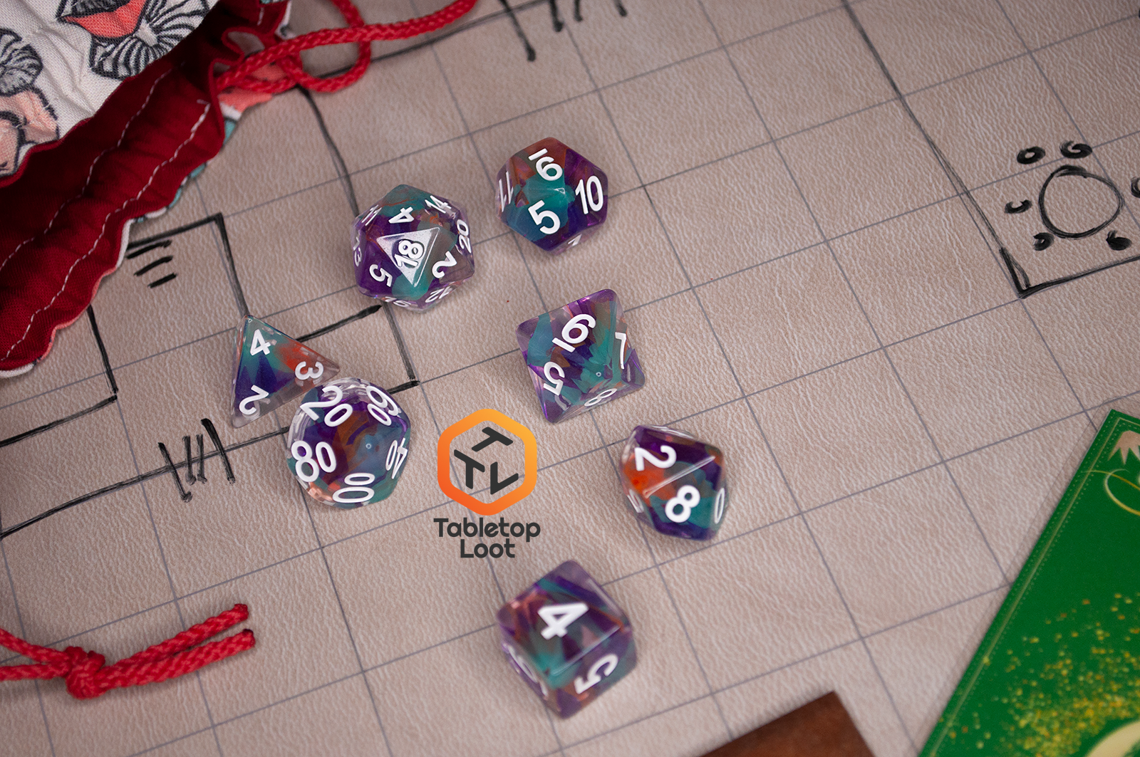 The Raise the Banners 7 piece dice set with swirls of orange, blue, and purple in clear resin.
