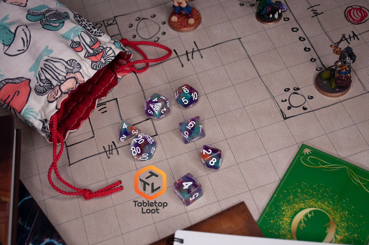 A 7 piece set of Raise the Banners dice; orange, blue, and purple swirls in clear resin.