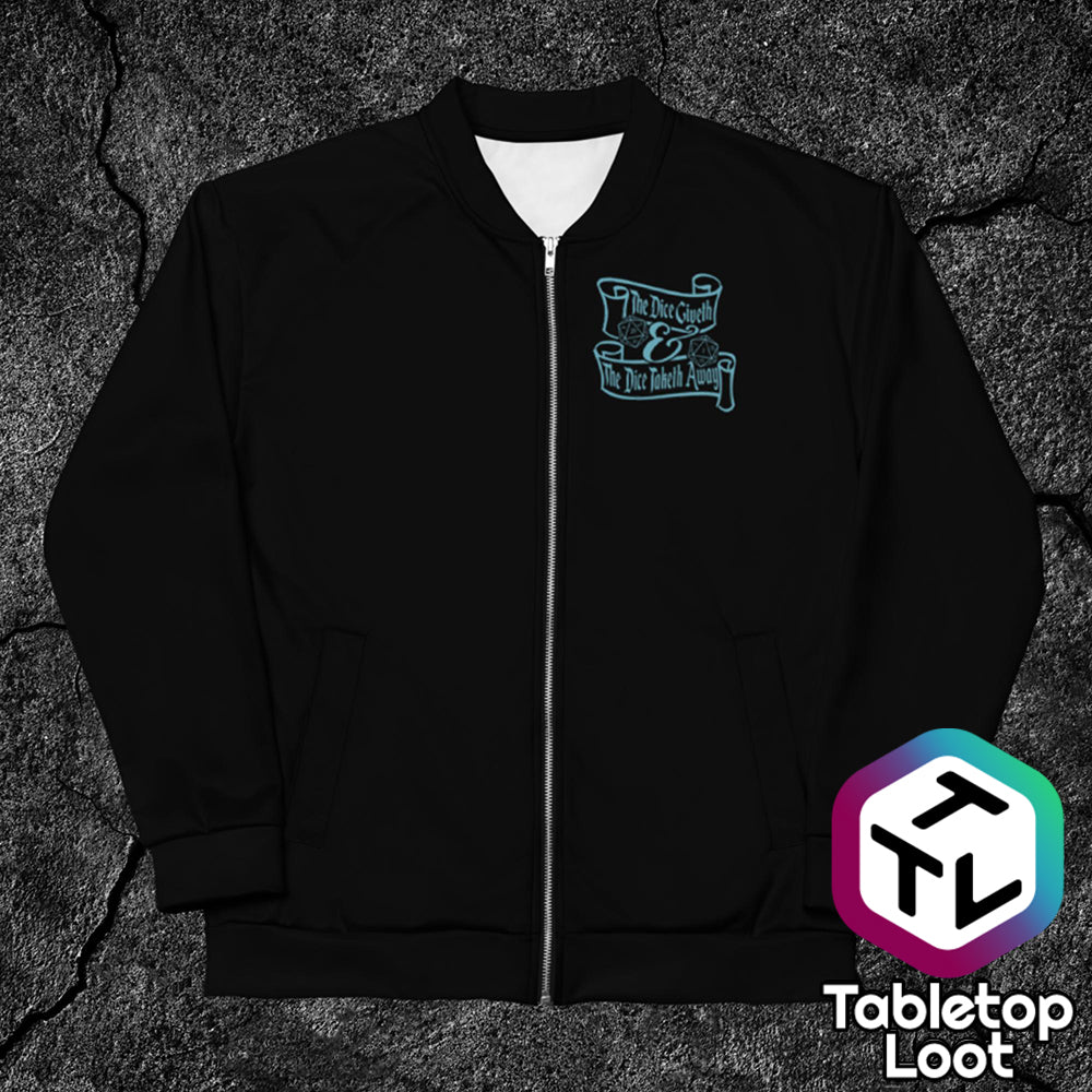 The Dice Giveth bomber jacket from Tabletop Loot with the dice and banner design to one side of the zipper.